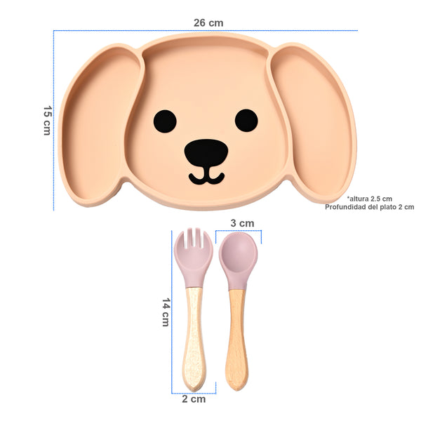 Plato para Bebé en forma de Perro con Divisiones y Cubiertos